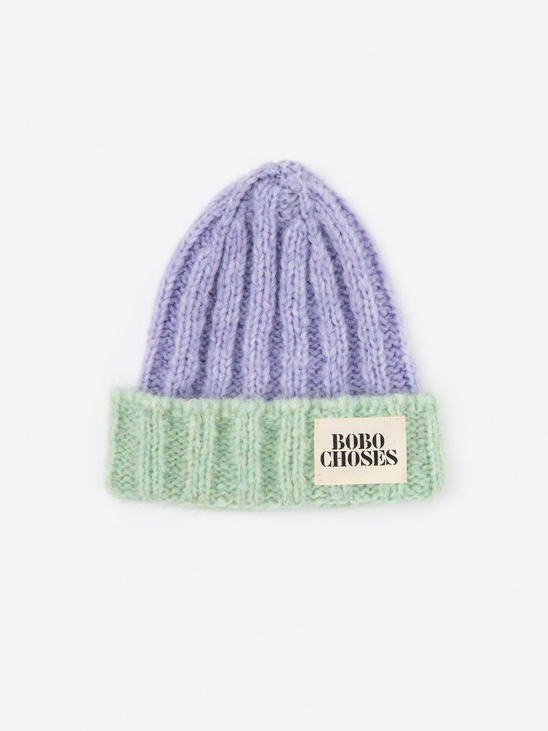 Fuzzy Color Block Beanie in Lavender by Bobo Choses